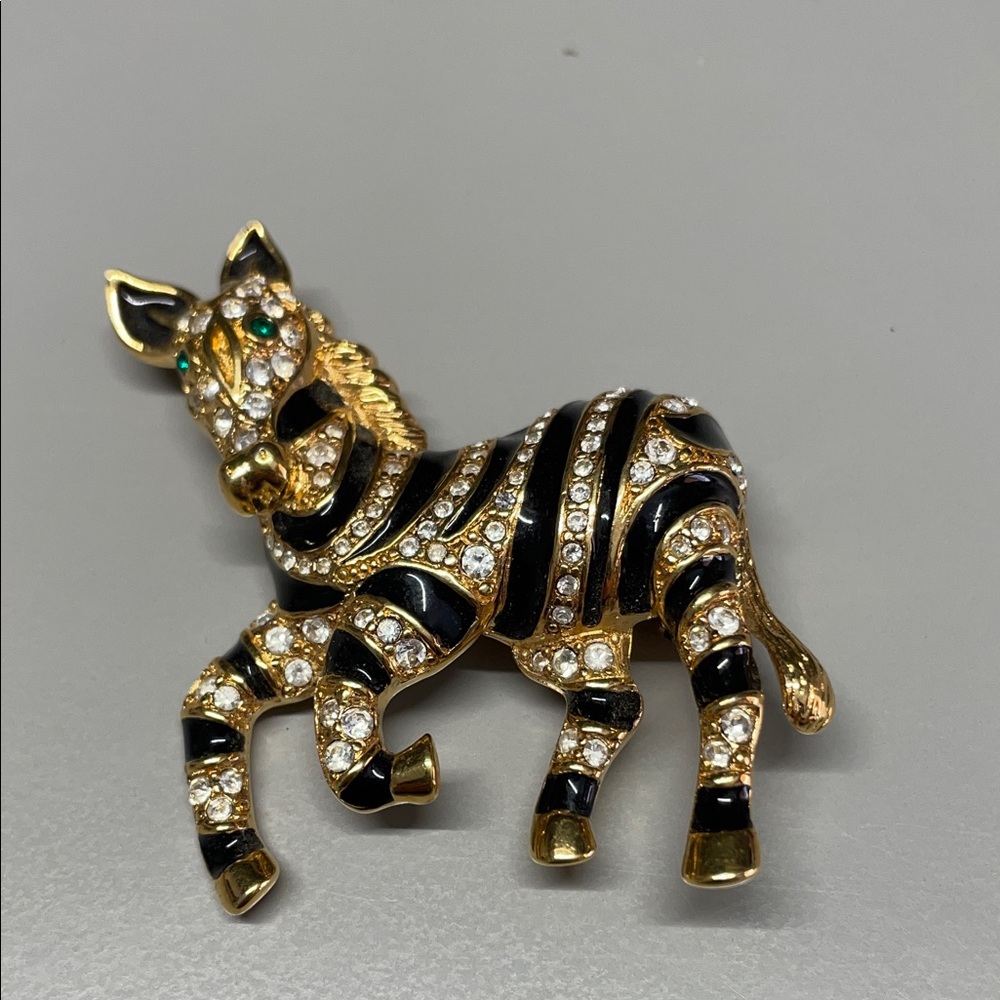 Vintage Trifari 1997 Rhinestone Striped Black Enamel Safari Zebra Pin Brooch
